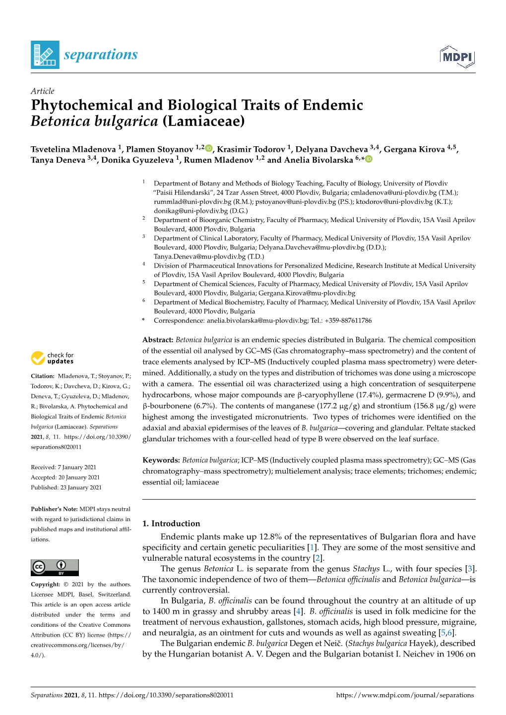 Phytochemical and Biological Traits of Endemic Betonica Bulgarica (Lamiaceae)