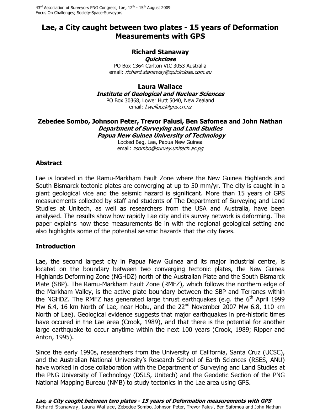 Lae, a City Caught Between Two Plates - 15 Years of Deformation Measurements with GPS