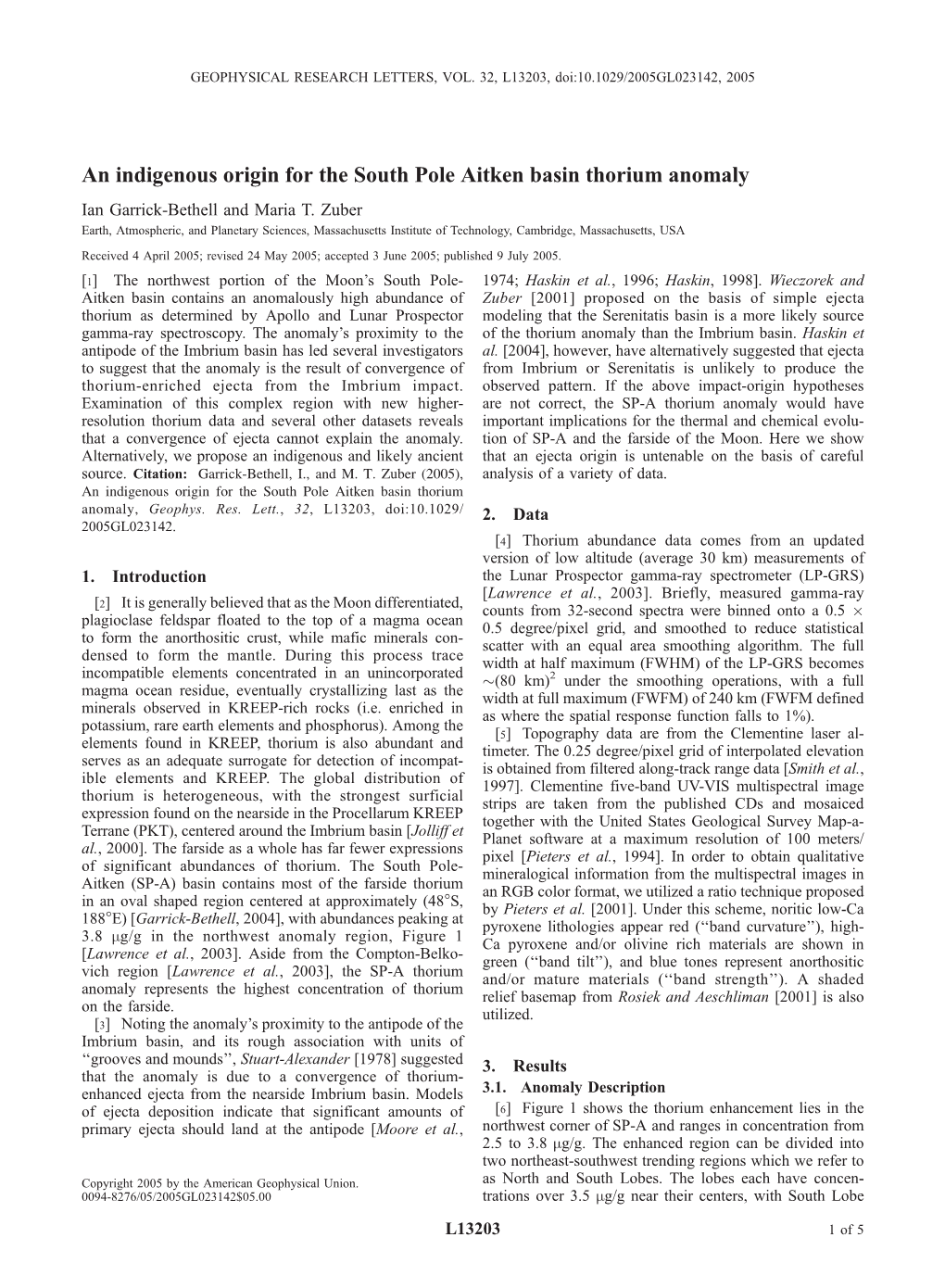 An Indigenous Origin for the South Pole Aitken Basin Thorium Anomaly Ian Garrick-Bethell and Maria T