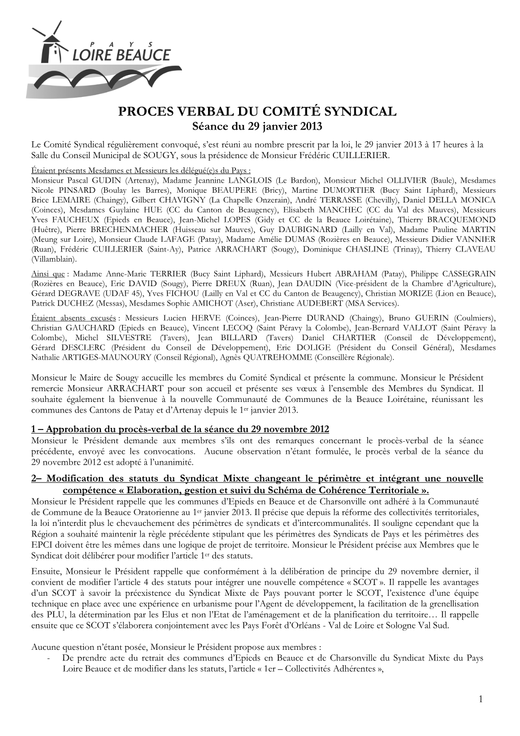 PV Du Comité Syndical Du 29/01/2013 À Sougy