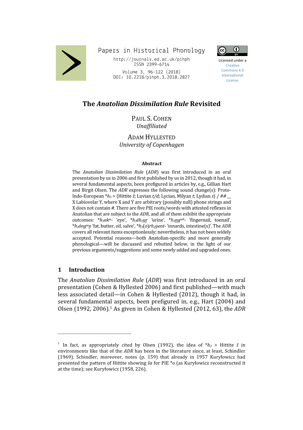 Papers in Historical Phonology the Anatolian Dissimilation Rule