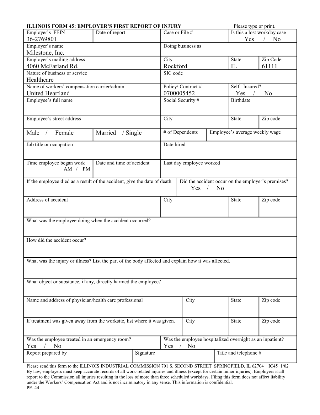 Illinois Form 45: Employer S First Report of Injury