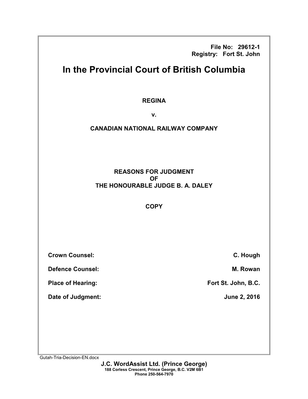 In the Provincial Court of British Columbia