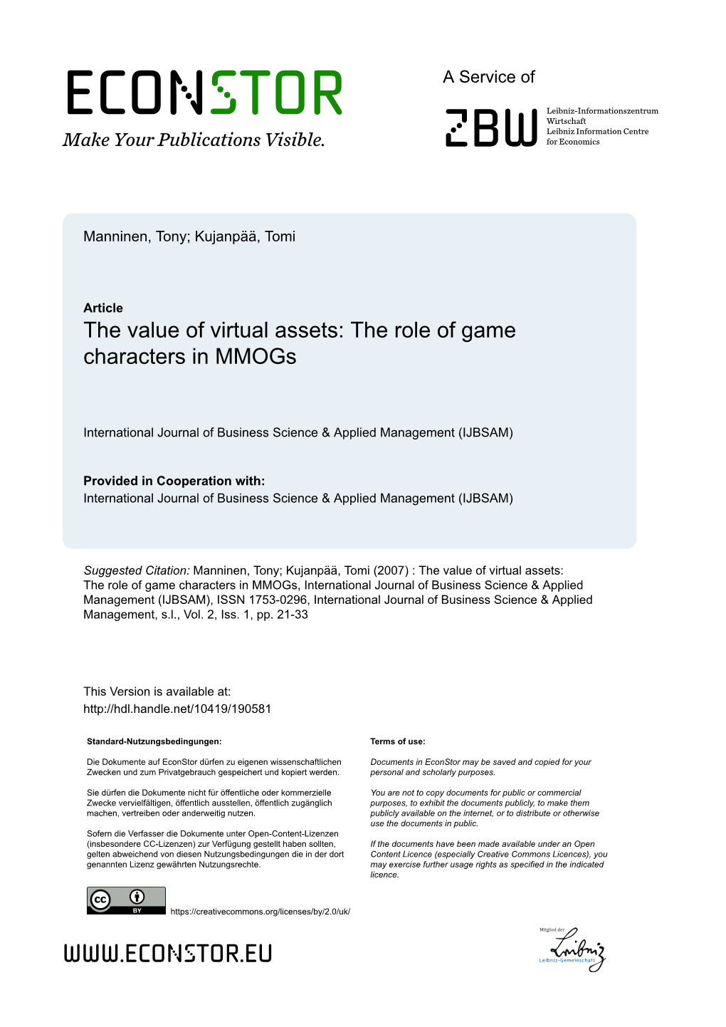 The Value of Virtual Assets: the Role of Game Characters in Mmogs