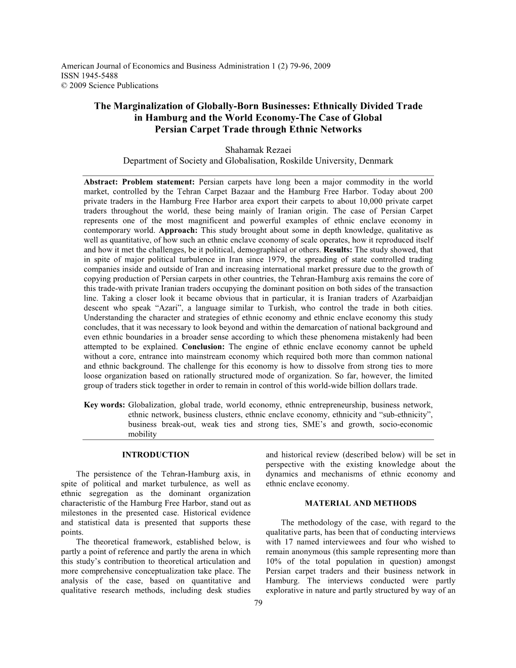 Ethnically Divided Trade in Hamburg and the World Economy-The Case of Global Persian Carpet Trade Through Ethnic Networks