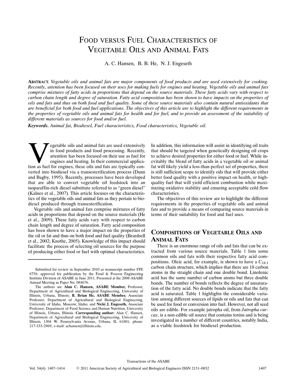 Food Versus Fuel Characteristics of Vegetable Oils and Animal Fats