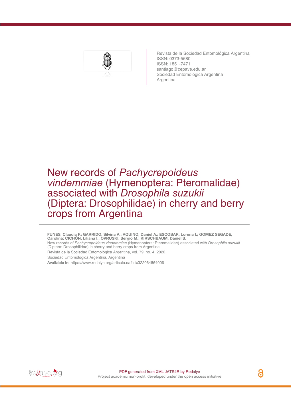 Hymenoptera: Pteromalidae) Associated with Drosophila Suzukii (Diptera: Drosophilidae) in Cherry and Berry Crops from Argentina