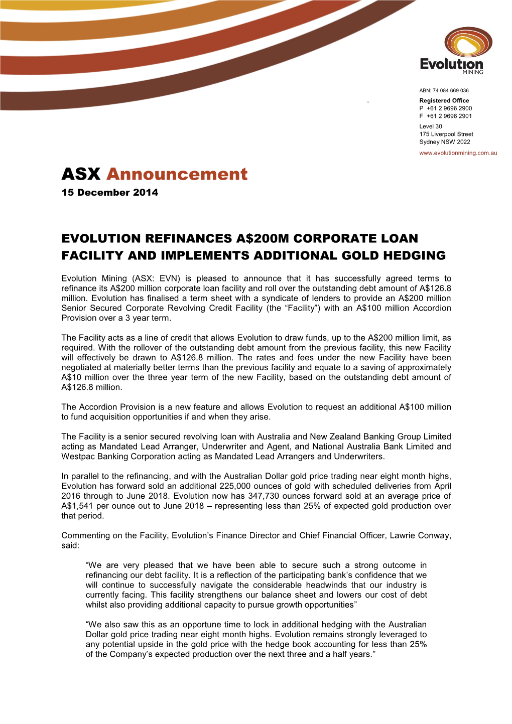 ASX Announcement 15 December 2014