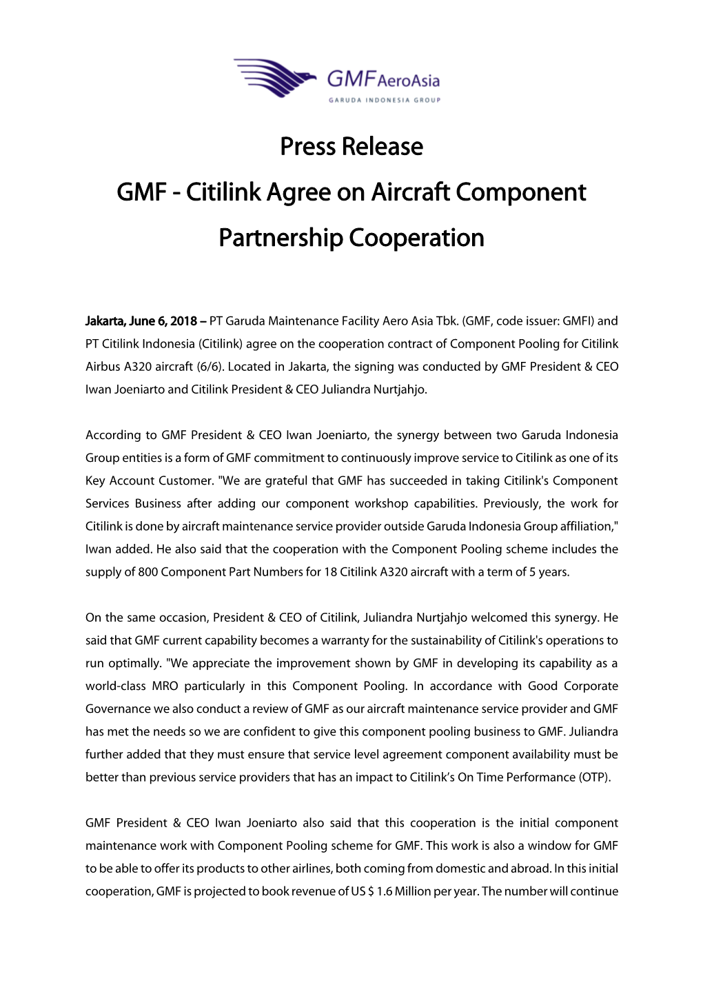 Press Release GMF - Citilink Agree on Aircraft Component Partnership Cooperation