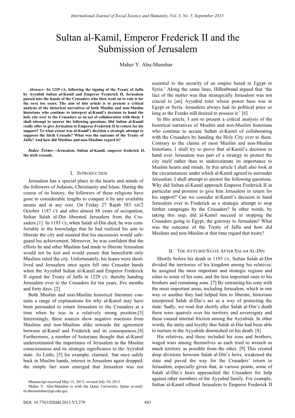 Sultan Al-Kamil, Emperor Frederick II and the Submission of Jerusalem