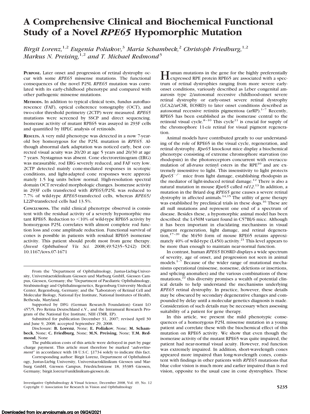 A Comprehensive Clinical and Biochemical Functional Study of a Novel RPE65 Hypomorphic Mutation