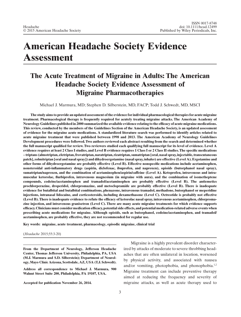 The American Headache Society Evidence Assessment of Migraine Pharmacotherapies