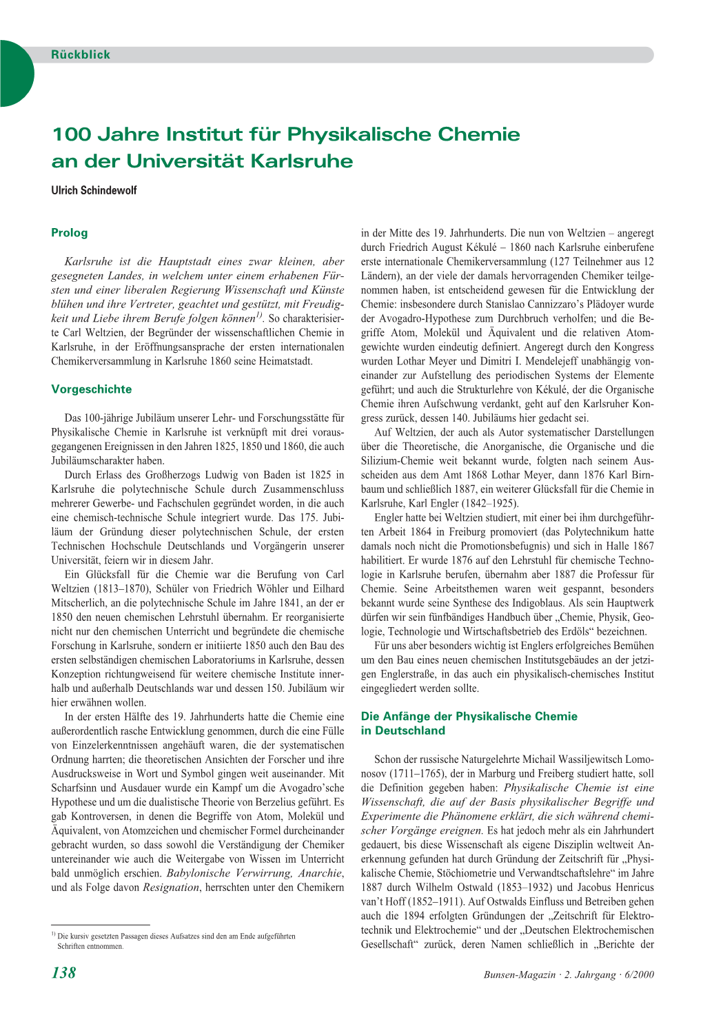 100 Jahre Institut Für Physikalische Chemie an Der Universität Karlsruhe