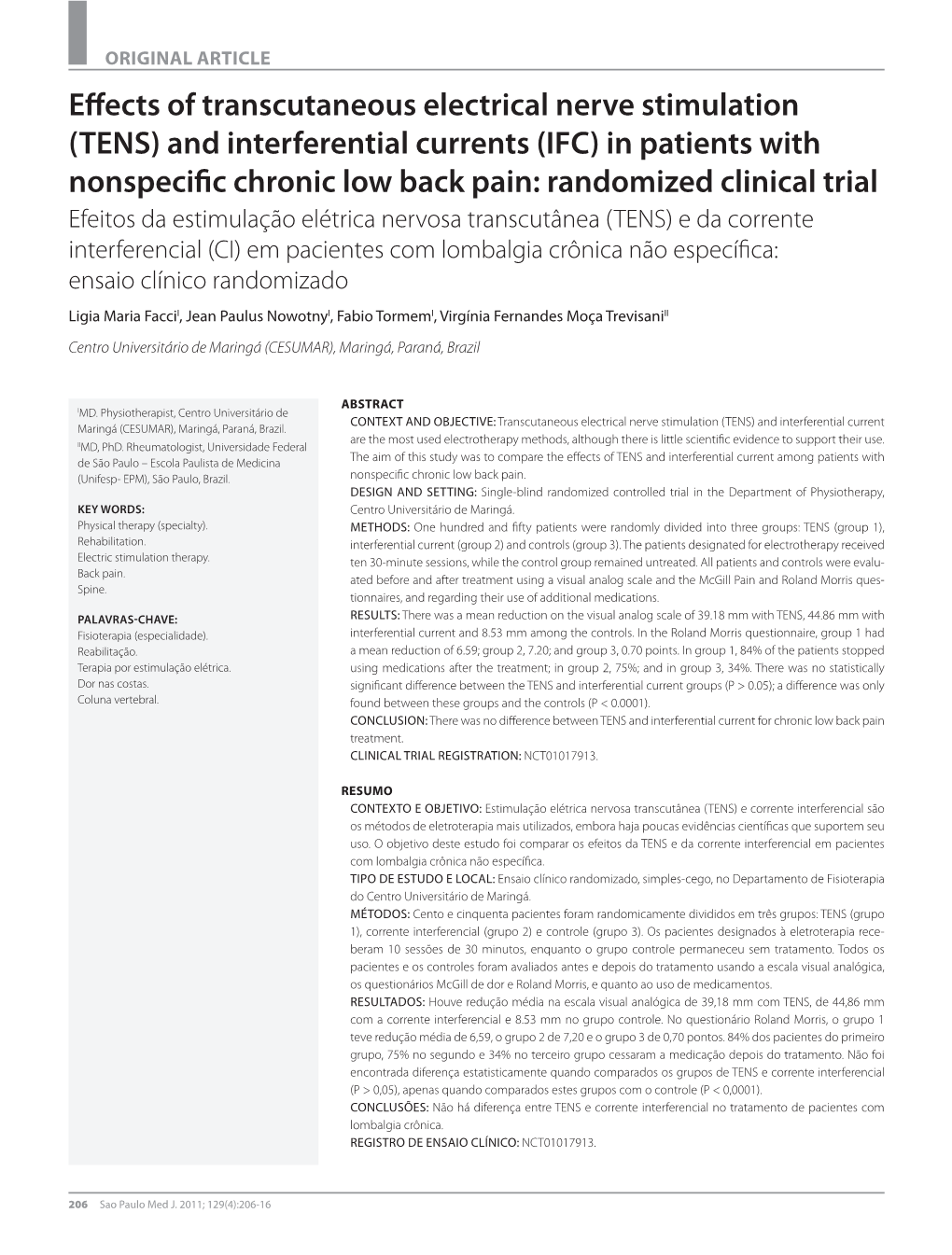 Effects of Transcutaneous Electrical Nerve Stimulation (TENS) and Interferential Currents (IFC) in Patients with Nonspecific