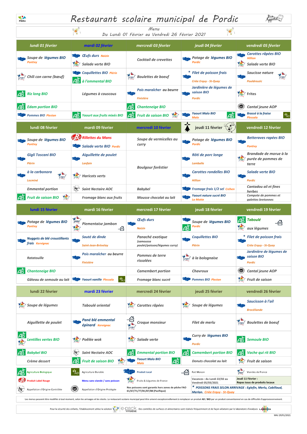 Restaurant Scolaire Municipal De Pordic Menu Du Lundi 01 Février Au Vendredi 26 Février 2021
