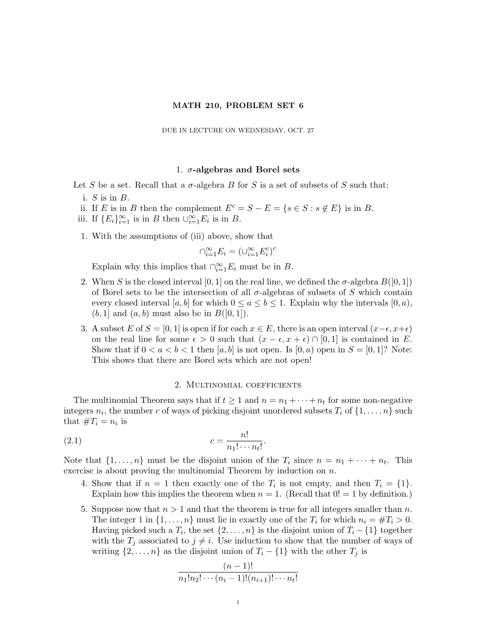 1. Σ-Algebras and Borel Sets Let S Be a Set