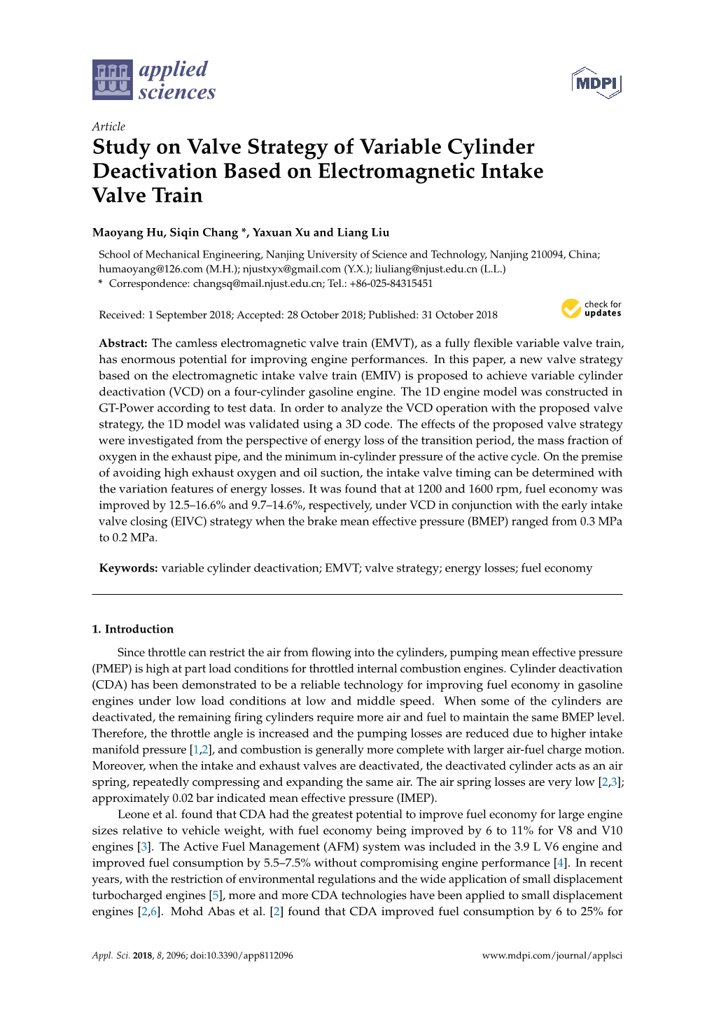 Study on Valve Strategy of Variable Cylinder Deactivation Based on Electromagnetic Intake Valve Train