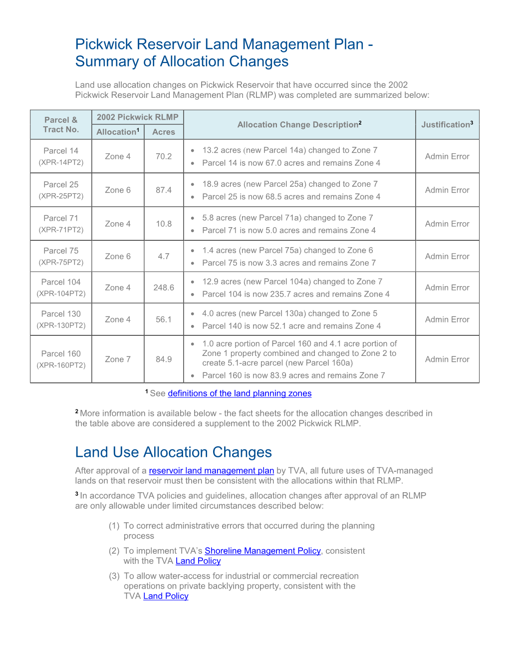 Pickwick Reservoir Land Management Plan - Summary of Allocation Changes