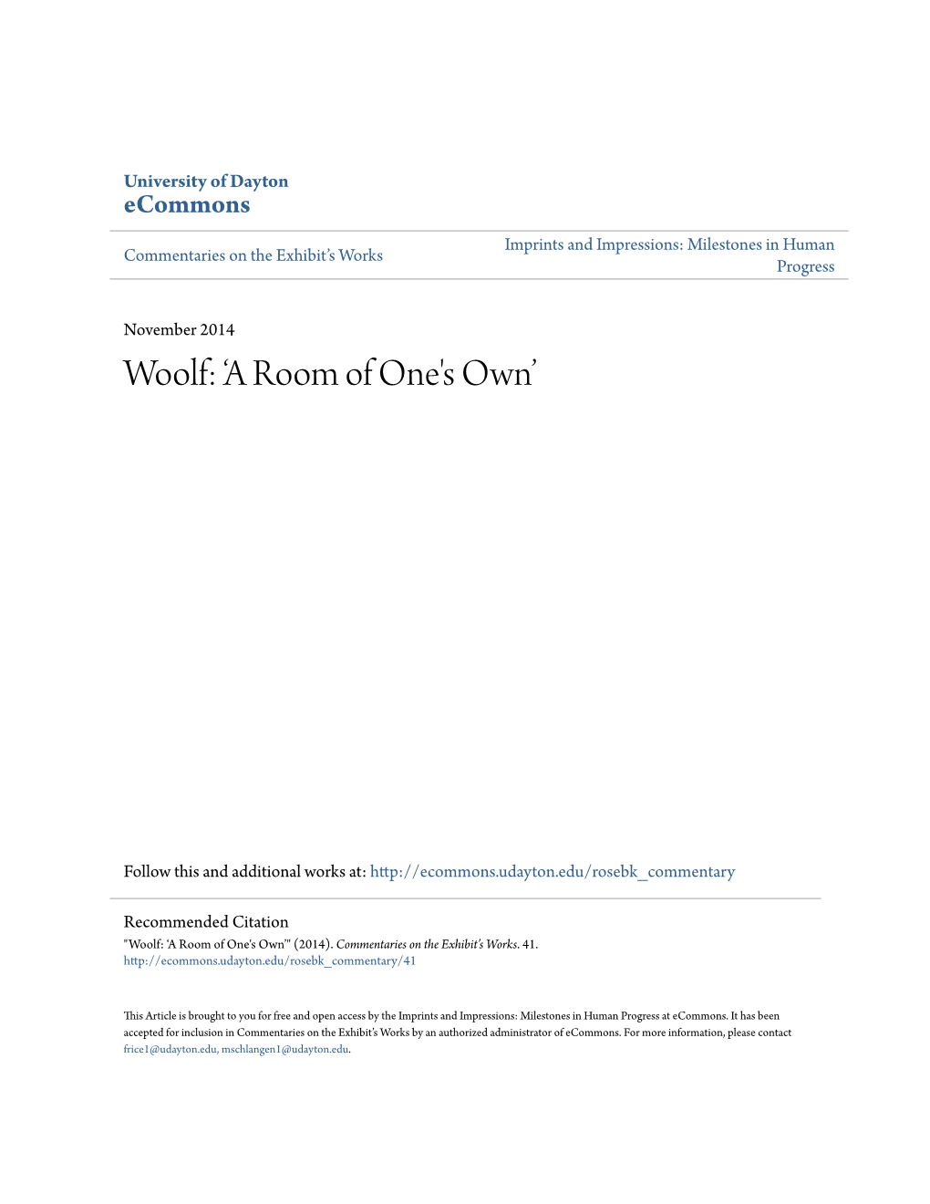 Woolf: ‘A Room of One's Own’