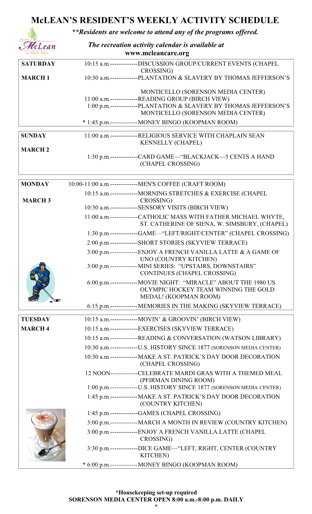 Mclean HOME WEEKLY ACTIVITIES SCHEDULE