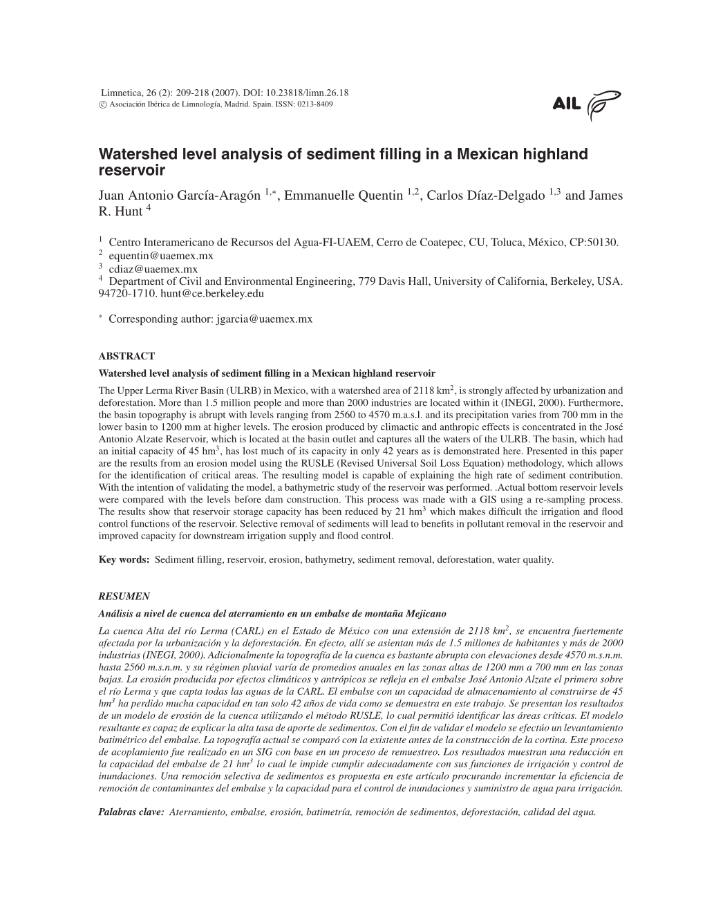 Watershed Level Analysis of Sediment Filling in a Mexican Highland Reservoir