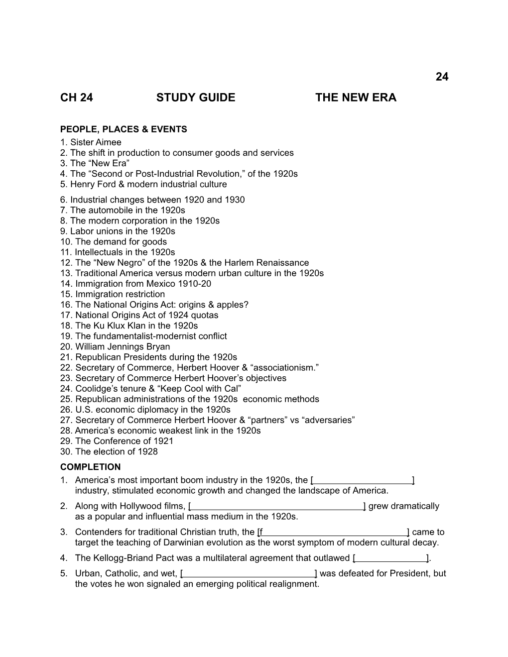 Ch 24 Study Guide the New Era