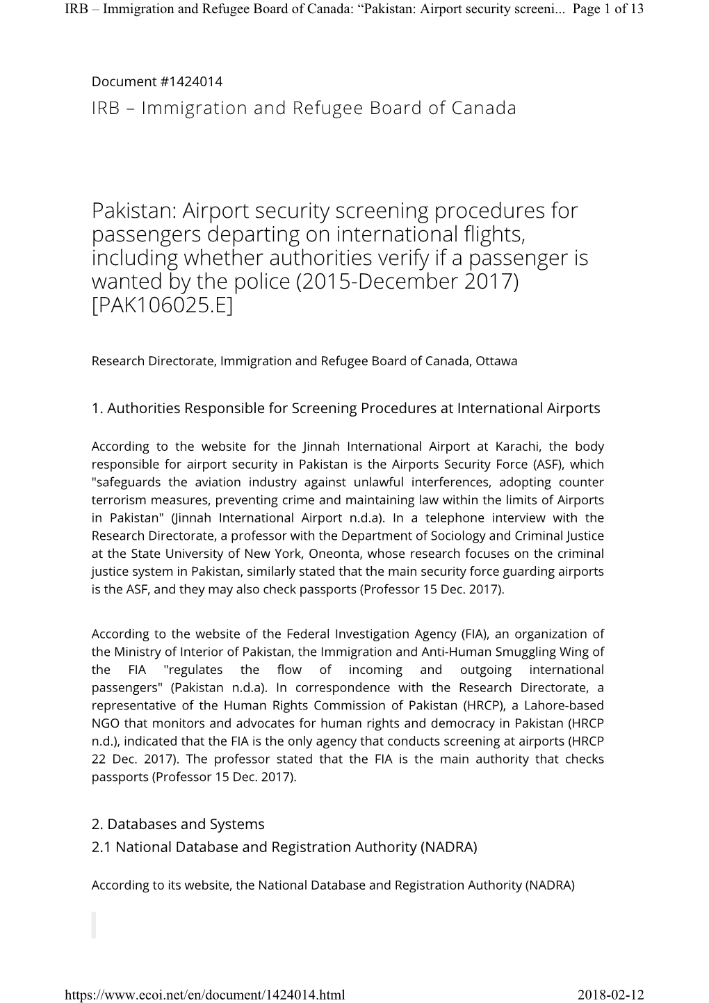 Pakistan: Airport Security Screening Procedures for Passengers