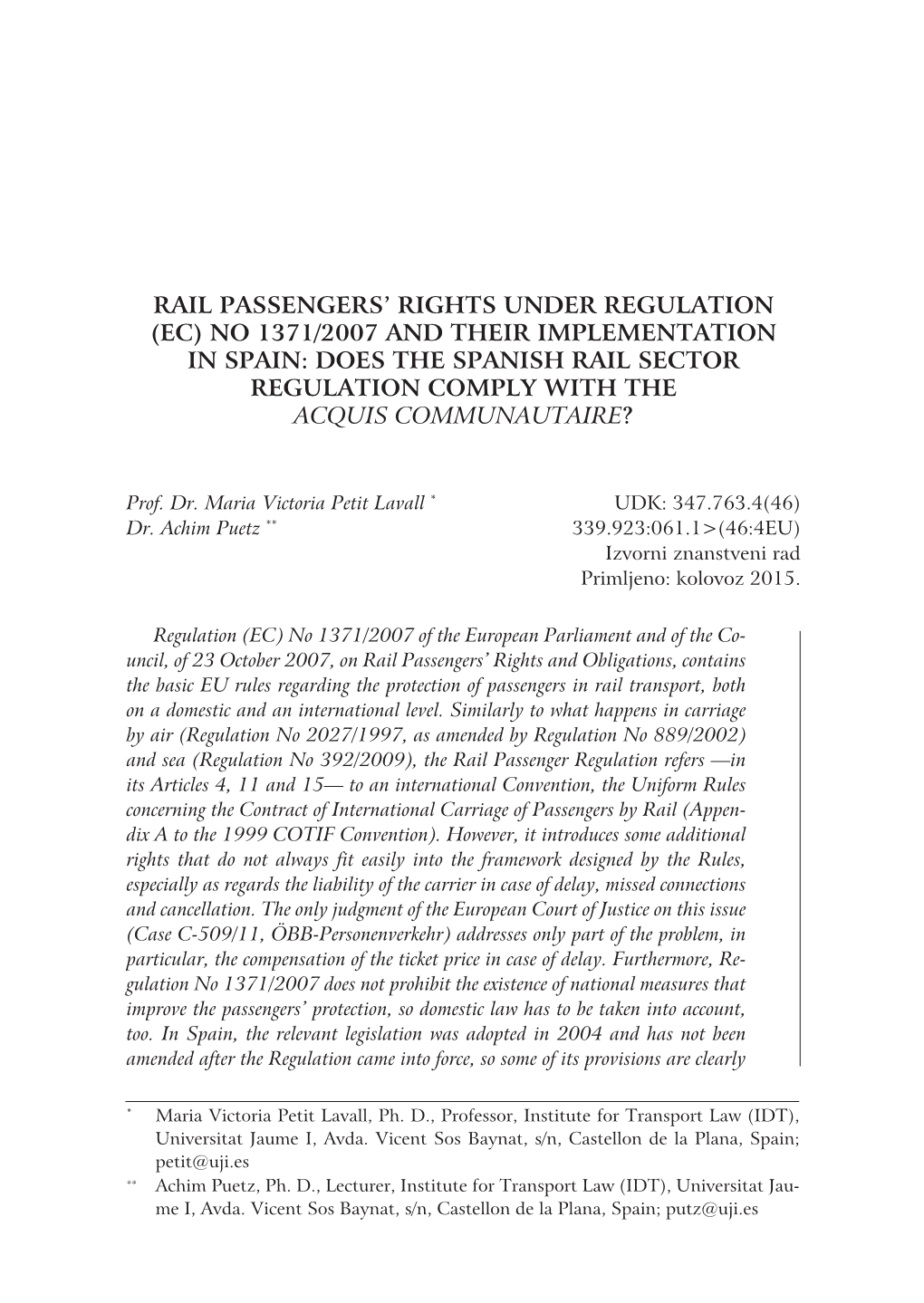 Rail Passengers' Rights Under Regulation (Ec) No