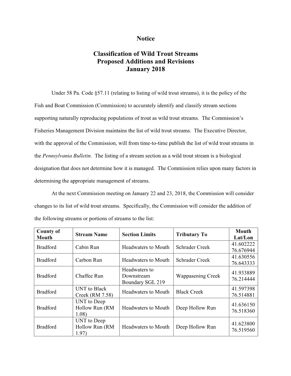 Notice Classification of Wild Trout Streams Proposed Additions And