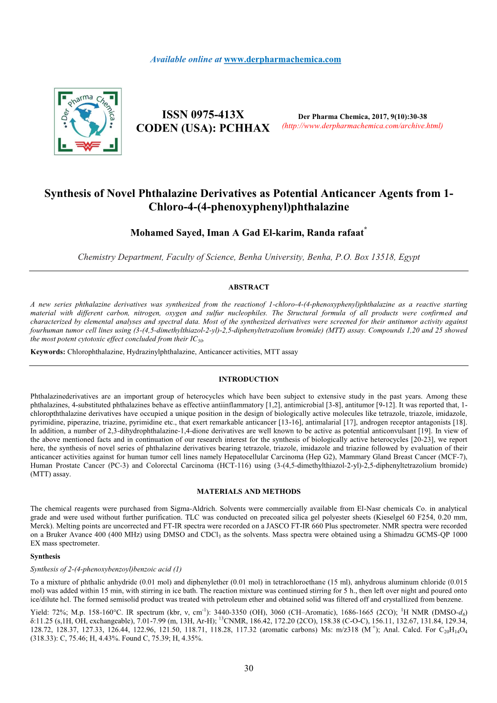 Synthesis of Novel Phthalazine Derivatives As Potential Anticancer Agents from 1- Chloro-4-(4-Phenoxyphenyl)Phthalazine