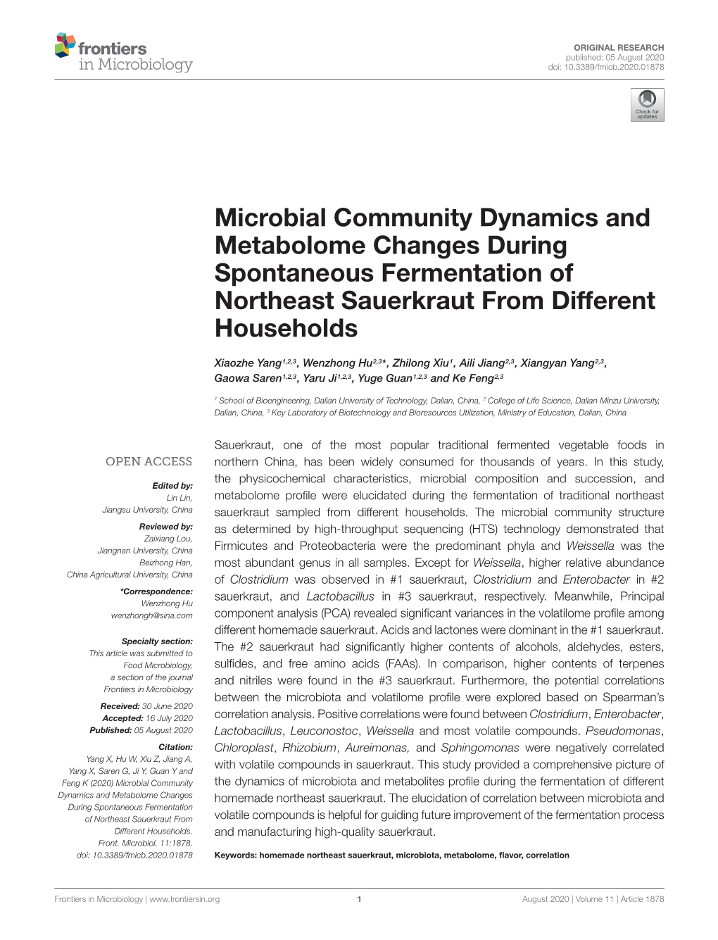 Microbial Community Dynamics and Metabolome Changes During Spontaneous Fermentation of Northeast Sauerkraut from Different Households