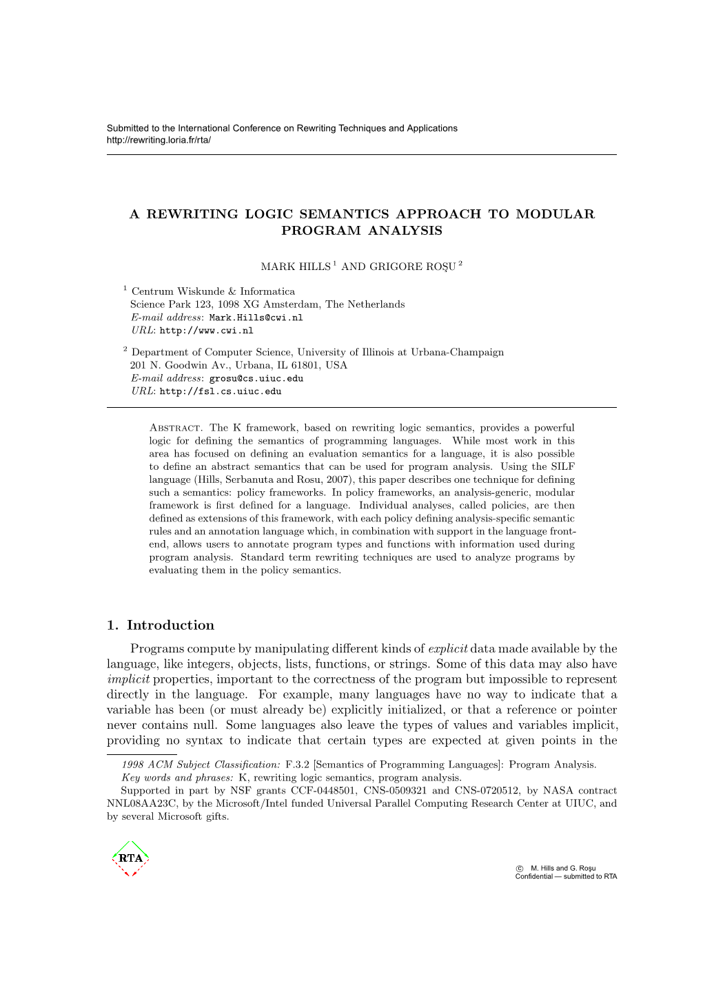 1. Introduction Programs Compute by Manipulating Diﬀerent Kinds of Explicit Data Made Available by the Language, Like Integers, Objects, Lists, Functions, Or Strings