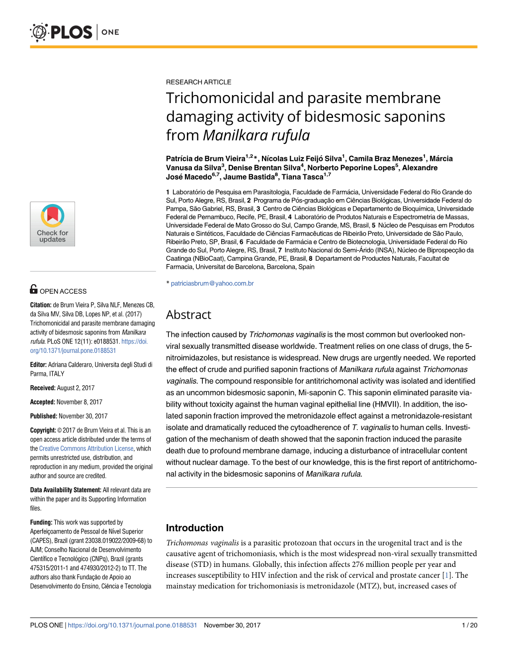 Trichomonicidal and Parasite Membrane Damaging Activity of Bidesmosic Saponins from Manilkara Rufula