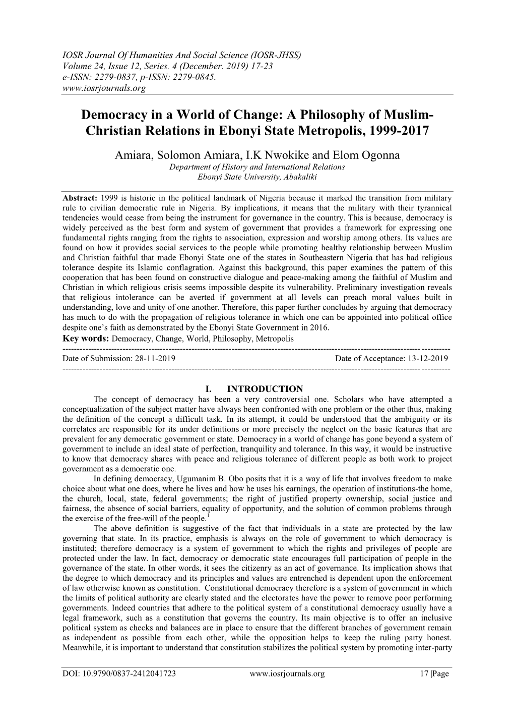 A Philosophy of Muslim- Christian Relations in Ebonyi State Metropolis, 1999-2017