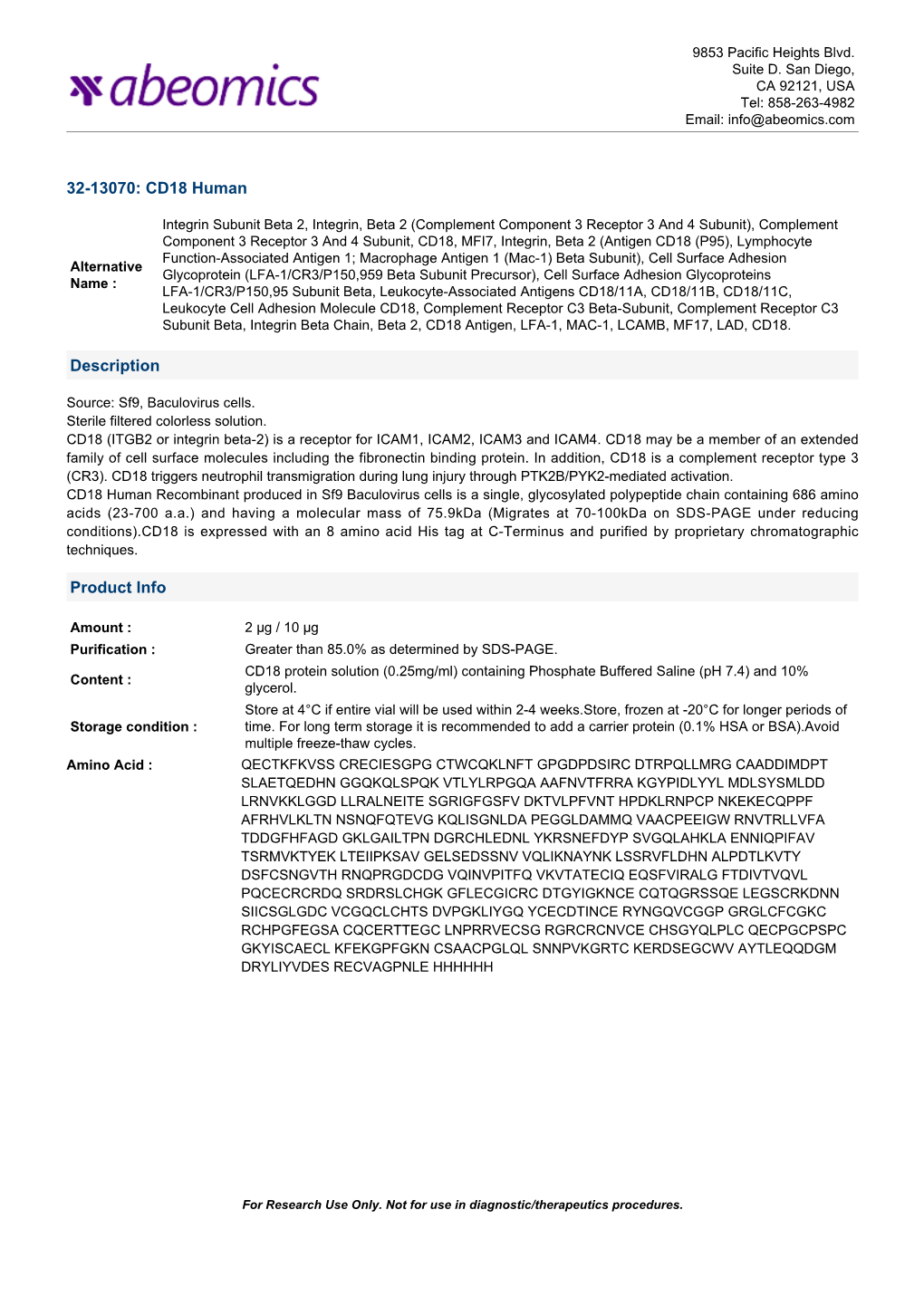 32-13070: CD18 Human Description Product Info