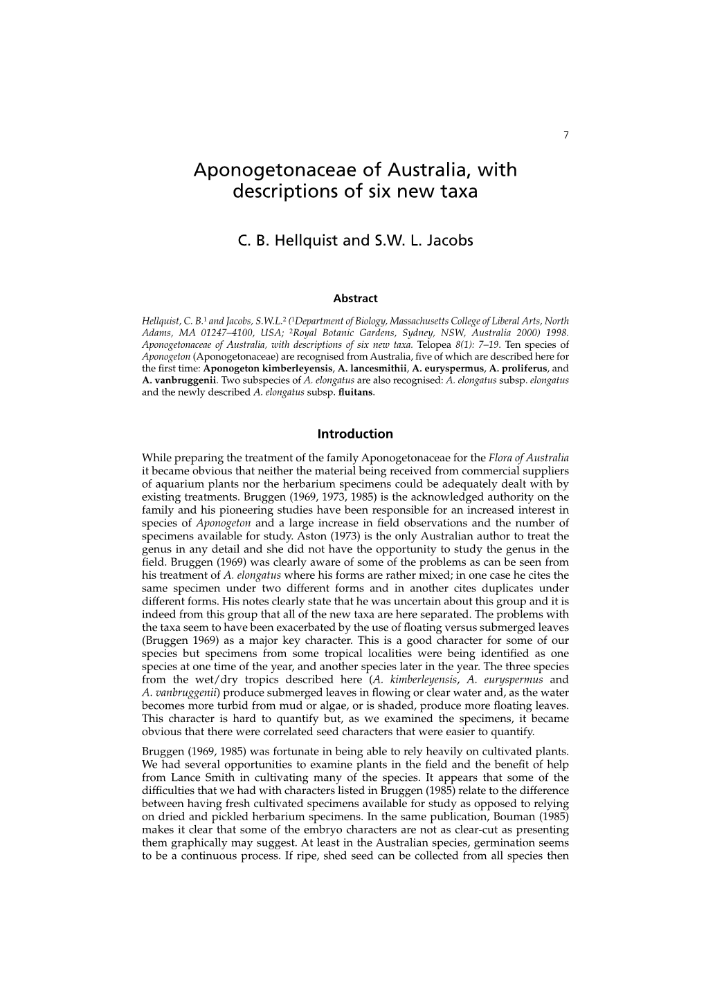 Aponogetonaceae of Australia, with Descriptions of Six New Taxa