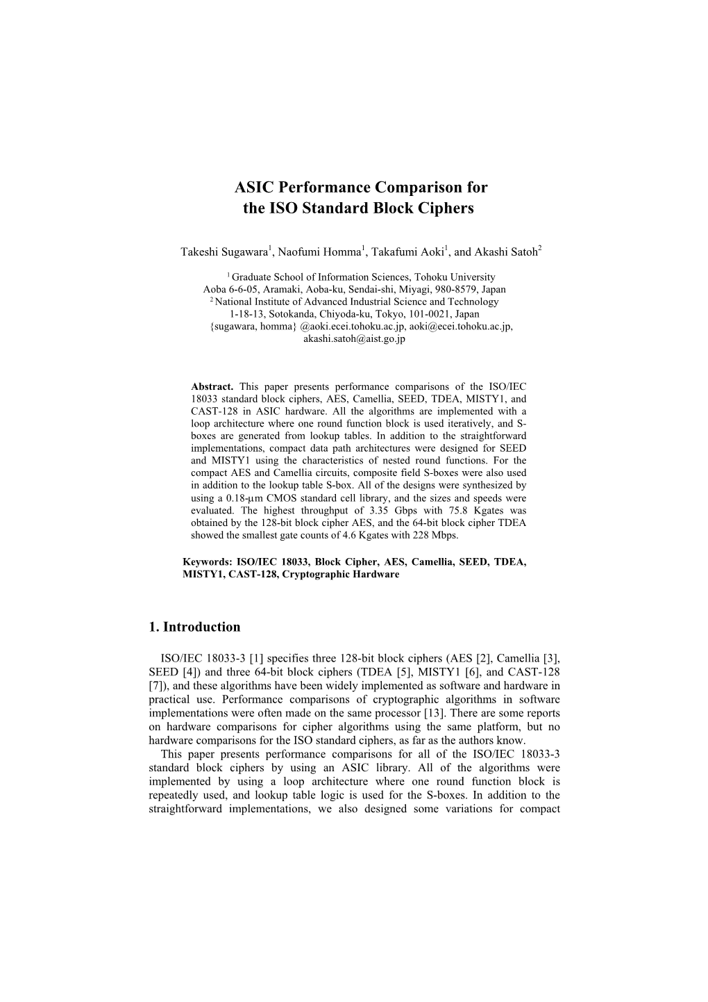 ASIC Performance Comparison for the ISO Standard Block Ciphers