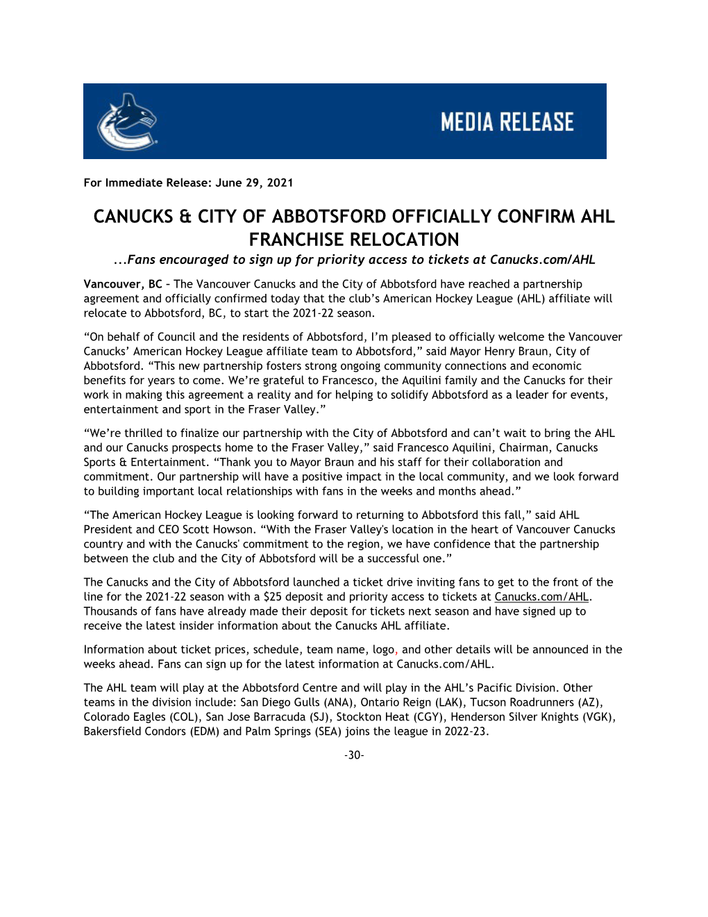 Canucks & City of Abbotsford Officially Confirm Ahl Franchise Relocation