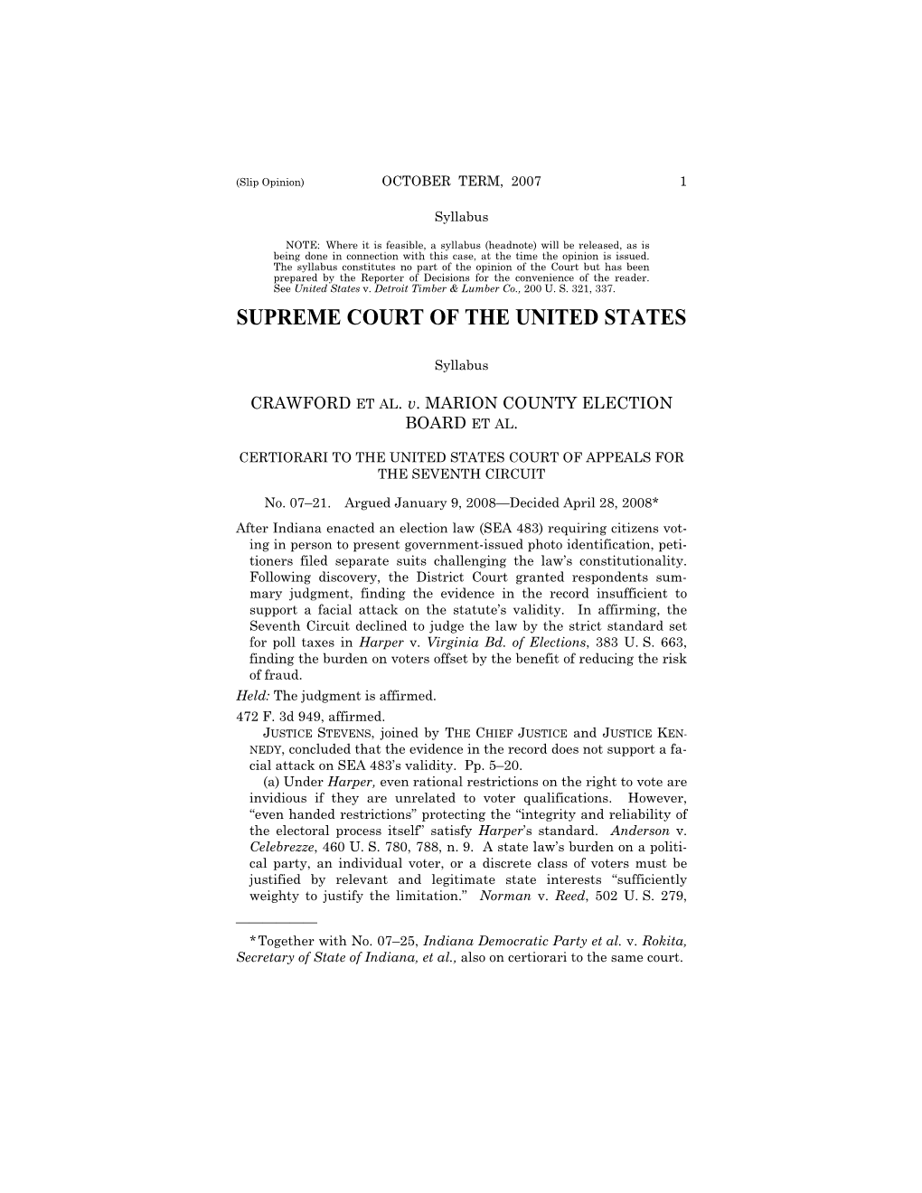 07-21 Crawford V. Marion County Election Bd. (04/28/08)