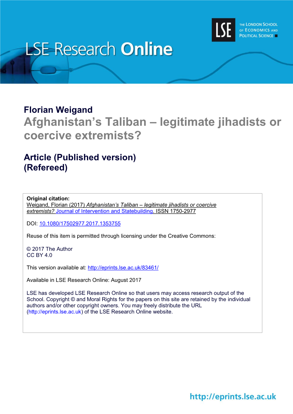 Florian Weigand Afghanistan’S Taliban – Legitimate Jihadists Or Coercive Extremists?