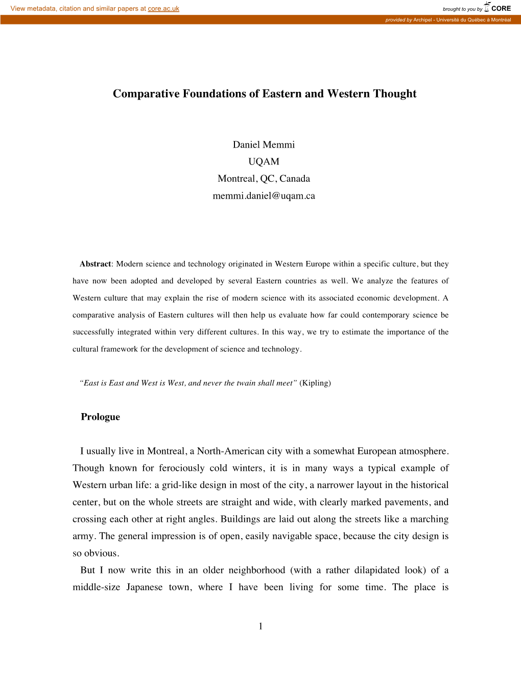 Comparative Foundations of Eastern and Western Thought