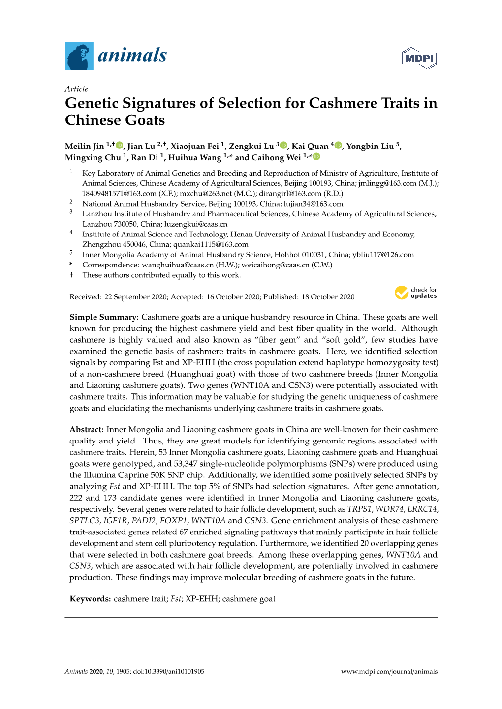 Genetic Signatures of Selection for Cashmere Traits in Chinese Goats