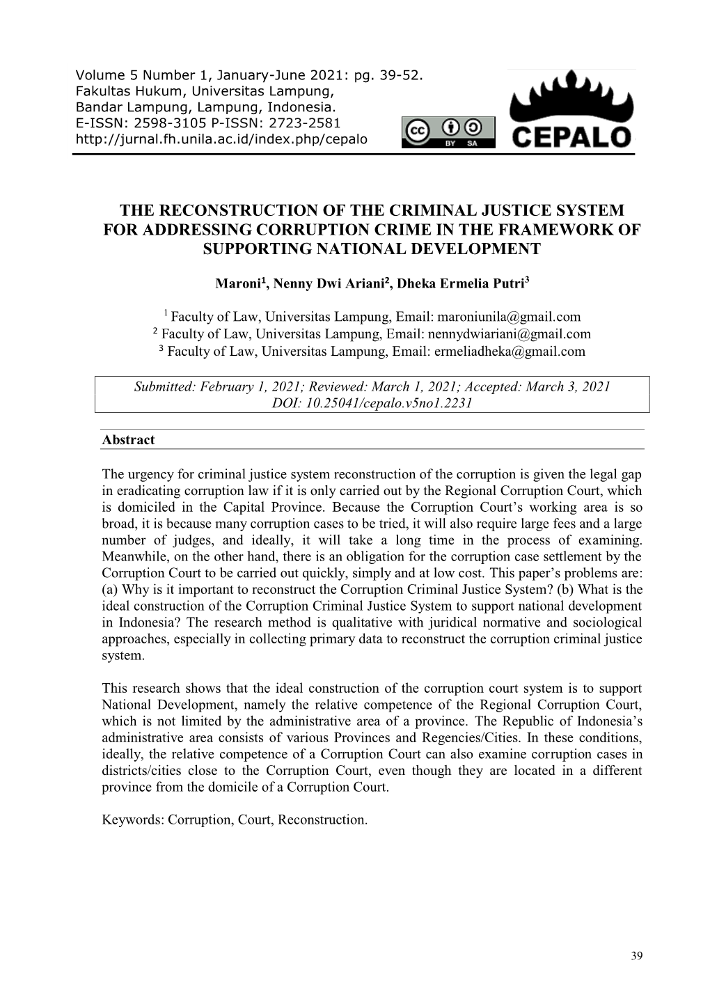 The Reconstruction of the Criminal Justice System for Addressing Corruption Crime in the Framework of Supporting National Development