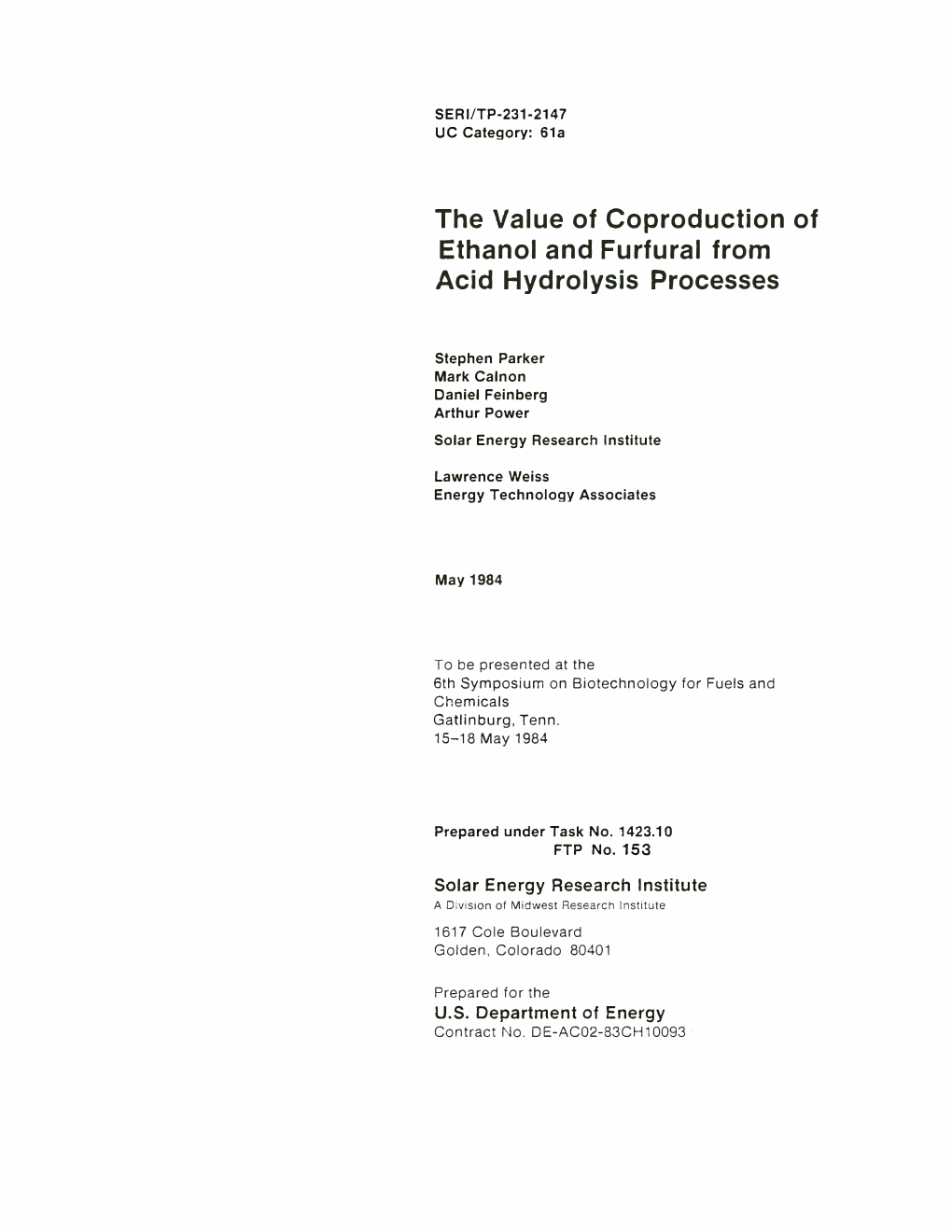 The Value of Coproduction of Ethanol and Furfural from Acid Hydrolysis Processes