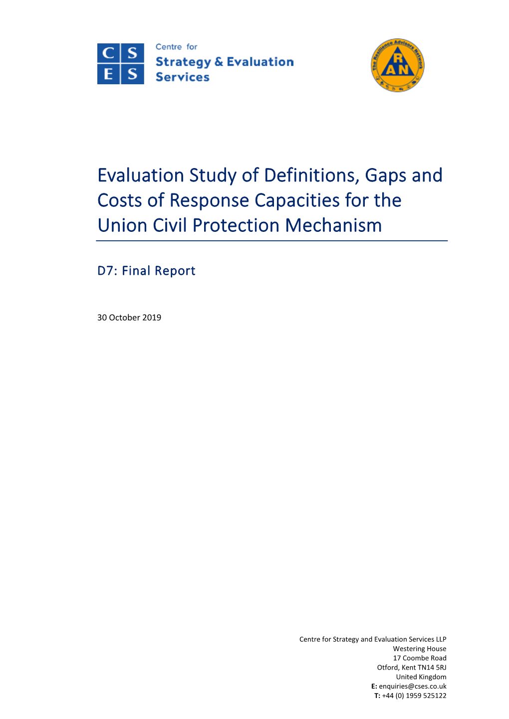 Evaluation Study of Definitions, Gaps and Costs of Response Capacities for the Union Civil Protection Mechanism