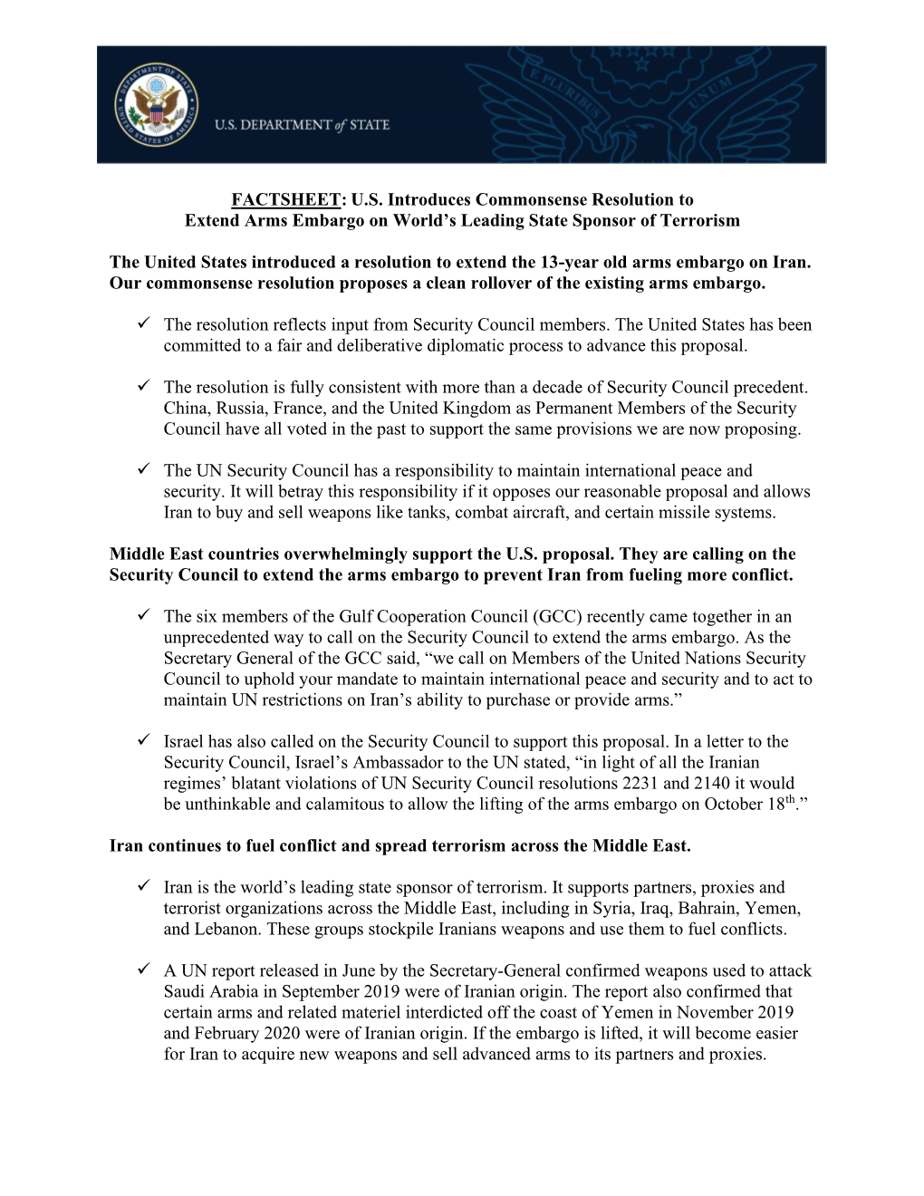 FACTSHEET: U.S. Introduces Commonsense Resolution to Extend Arms Embargo on World’S Leading State Sponsor of Terrorism