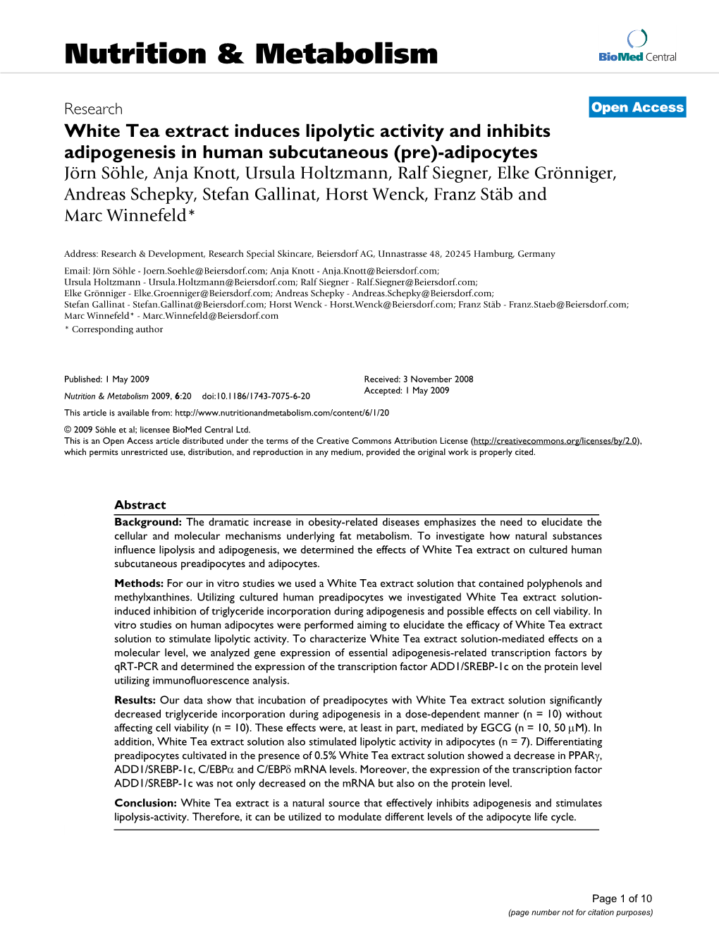 White Tea Extract Induces Lipolytic Activity and Inhibits Adipogenesis in Human Subcutaneous