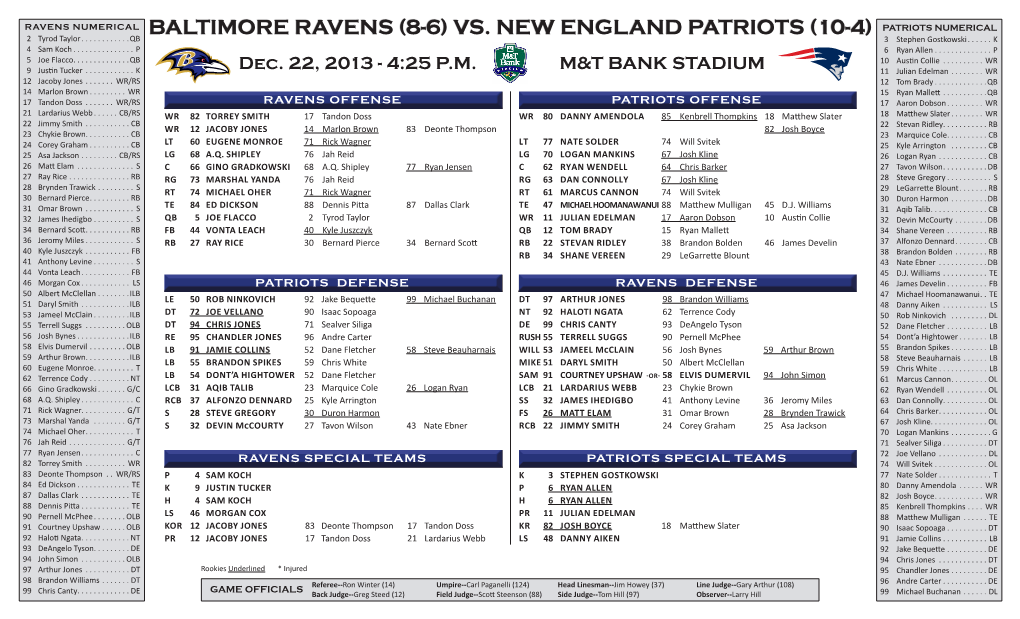 BALTIMORE RAVENS (8-6) VS. NEW ENGLAND PATRIOTS (10-4) PATRIOTS NUMERICAL 2 Tyrod Taylor