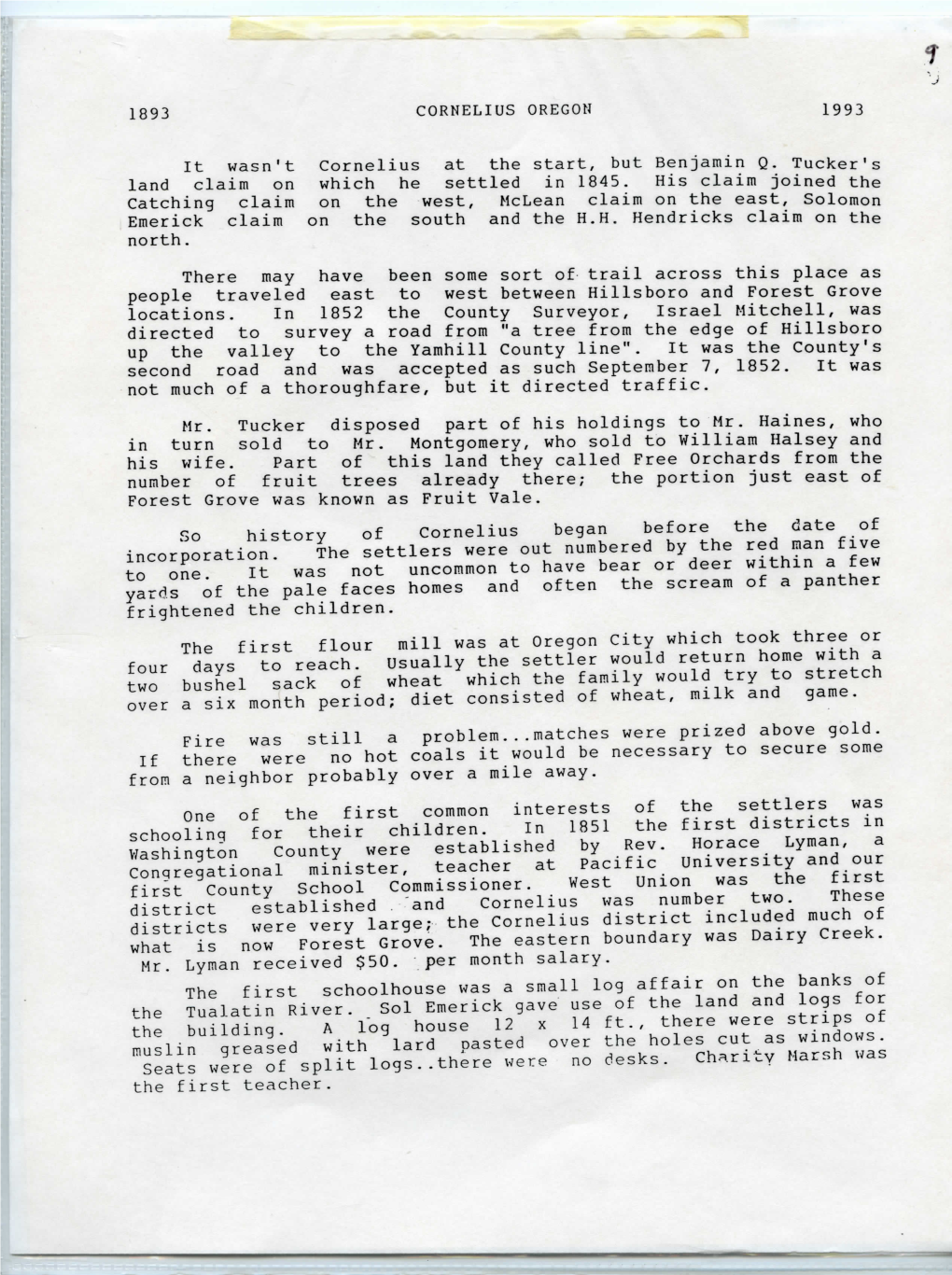 1893 CORNELIUS OREGON It Wasn't Cornelius at the Start, but Benjamin