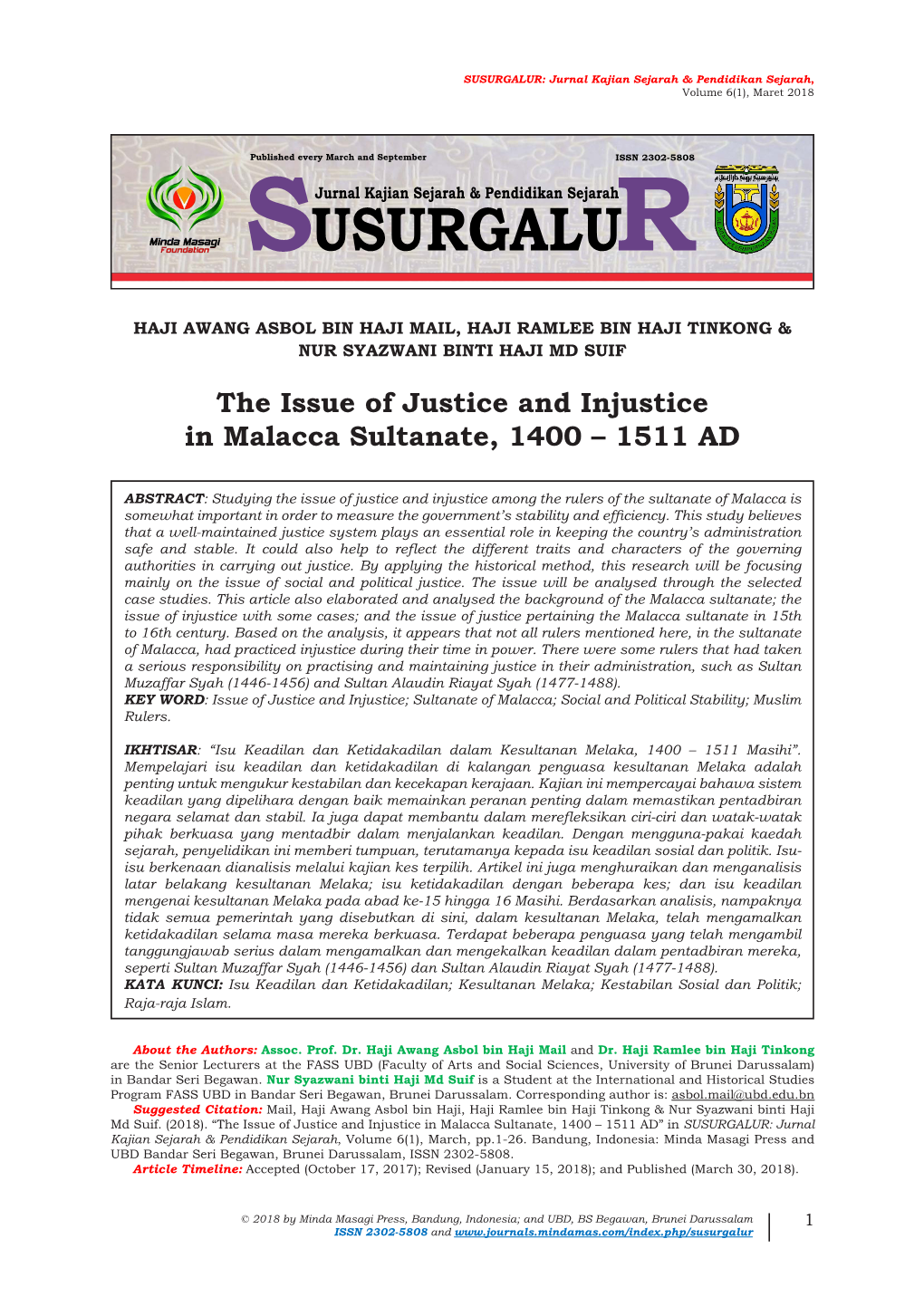 The Issue of Justice and Injustice in Malacca Sultanate, 1400 – 1511 AD